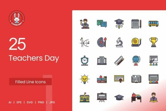 25 Teachers Day Filled Line Icons for Graphics and Icons