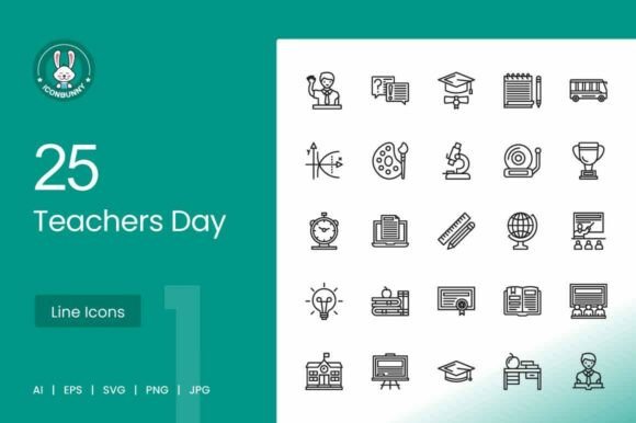 25 Teachers Day Line Icons for Graphics and Editorial Design