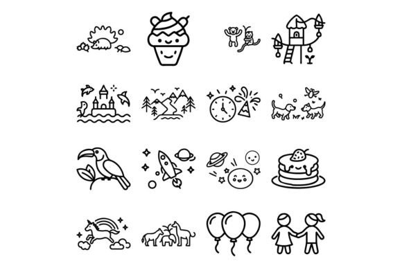 Coloring Page Icon Set Black and White Graphics