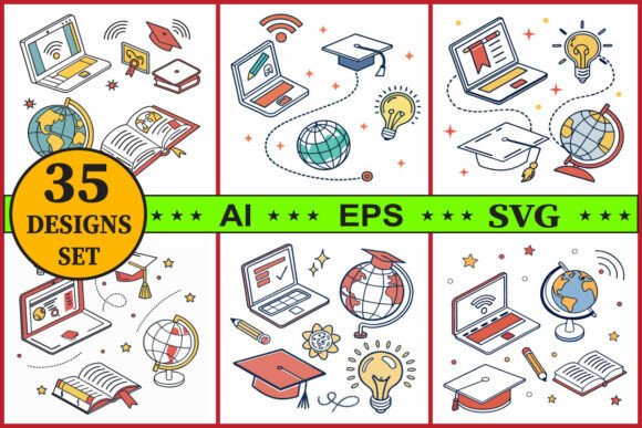 Education Technology Study Icon Set Graphics and Illustrations
