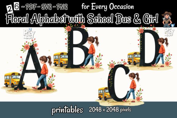 Floral Alphabet with School Bus Girl: Graphics and Illustrations for Branding