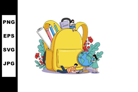 School Backpack with Children Studying a Graphics and Illustrations Review