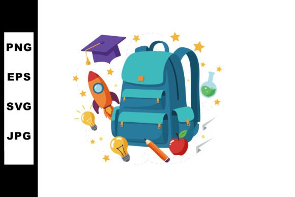 School Backpack with Rocket Pencil Apple: Graphics for Education