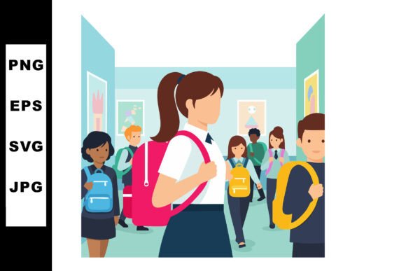 School Students Walking in Hallway with Graphics and Illustrations