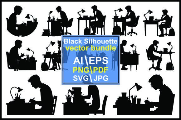 Silhouette of a Person Writing at a Desk: Graphics and Illustrations for Digital Sellers