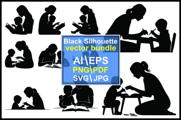 Silhouettes of Adults Children Reading Graphics and Illustrations