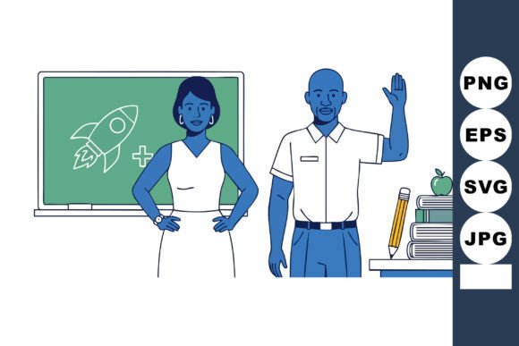 Teacher and Student Standing Near Chalkb Graphics & Illustrations