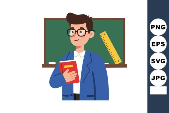 Teacher Holding Book in Front of Chalkbo Graphics and Illustrations Review